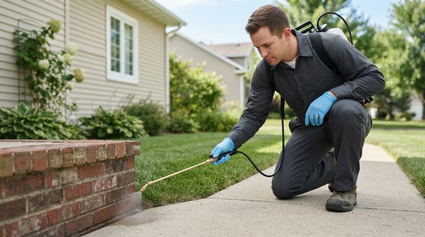 Pest control technician treating a home near Berclair, TX