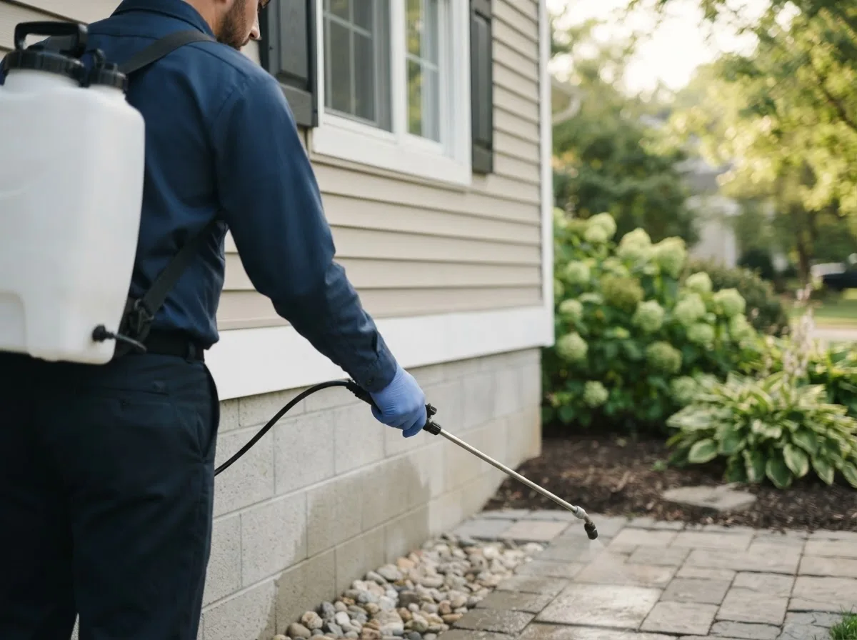 Pest control technician inspecting a home in Berclair, TX